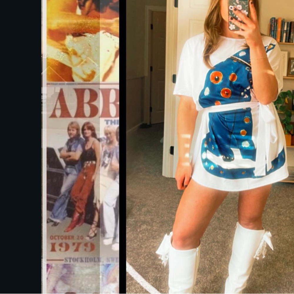 ABBA Inspired Disco Costume Blue Cat Graphic T-Shirt DIY Rhinestone Sequin Tee